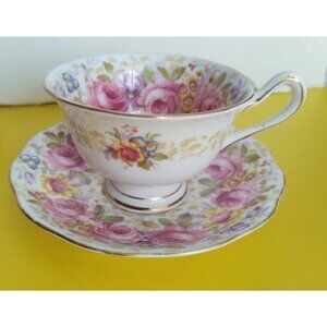 Royal Albert Tea Cup & Saucer Set Serena Cabbage Rose Bone China Gold Edging